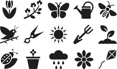 Spring Icon Silhouette Vector Set, Flower Plant Bird Water Sun Symbols Collection Isolated On White Background