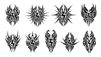 Tribal Lightning Bolt Tattoo Designs - Black Ink Vector Graphics