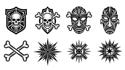 Fototapeta premium Tribal Masks, Skulls, Crossbones and Geometric Symbols Vector Set