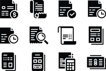 Document File Icon Silhouette Vector Set, Report Checklist Paper Approval Symbols Collection Isolated On White Background