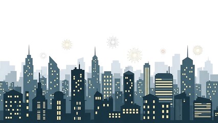 city skyline at night with fireworks and glowing windows