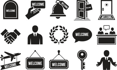 Welcome Hospitality Icon Set Silhouette Vector, Hotel Service Door Sign Travel Key Symbols Collection Isolated On White Background