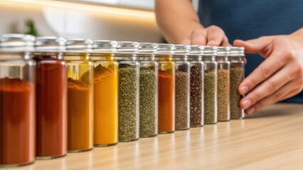 Spice rack with various colorful spices in glass jars.