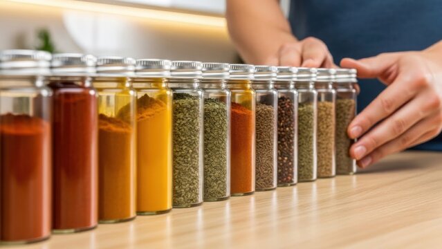 Spice rack with various colorful spices in glass jars.