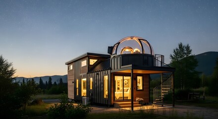 Modern Tiny House with Observatory Dome Under Starry Night Sky