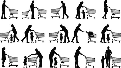Shopping cart silhouettes showing family and individual grocery shopping activities with children in supermarket isolated on white background © Sujoy