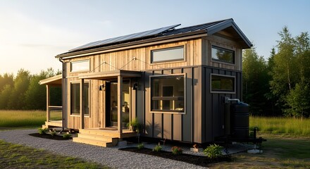 Modern Tiny House with Solar Panels in a Rural Landscape