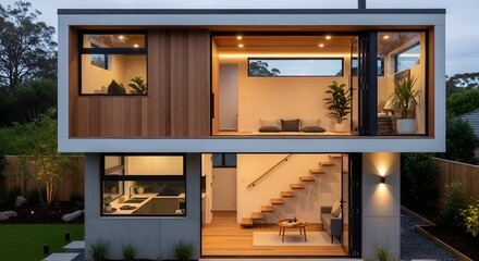 Modern Two-Story House Exterior with Wood Accents and Interior Lights