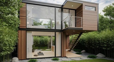 Modern Tiny House with Wood Siding and Large Windows in Lush Garden