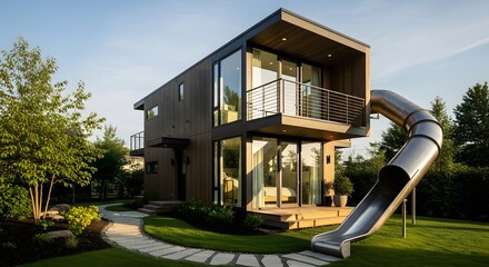 Modern Two-Story House with Stainless Steel Slide and Landscaped Garden