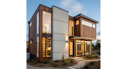 Modern Two-Story House with Wood Siding, Large Windows, and Spiral Staircase
