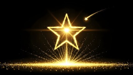 Golden glowing star made of light particles. Success achievement and magical celebration. Bright star symbol rising with sparks and shooting star on black background