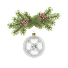 銀色クリスマスオーナメントと松の枝＆赤い実