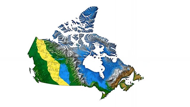 Colorful topographic map of Canada with diverse terrain features