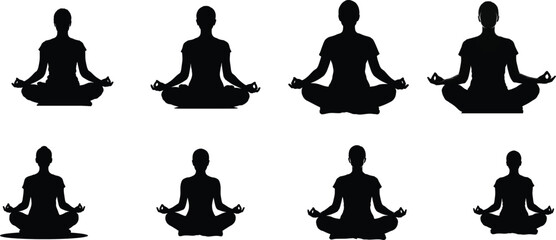 Seven black silhouettes of yoga poses in various meditation postures