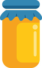 Cartoon illustration of a glass jar full of honey, closed with a blue cap and a preserving paper