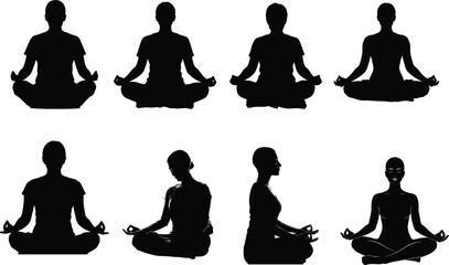 Seven black silhouettes of people meditating in various yoga poses