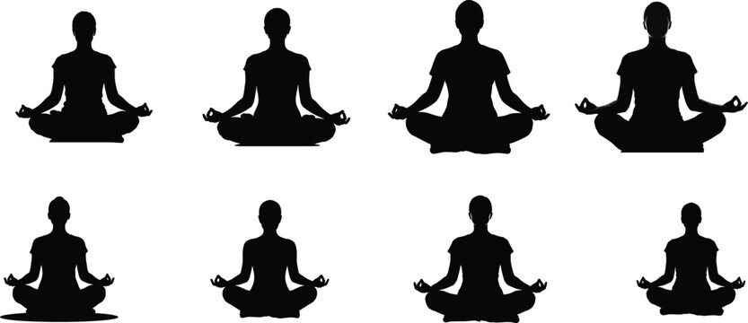 Seven black silhouettes of yoga poses in various meditation postures