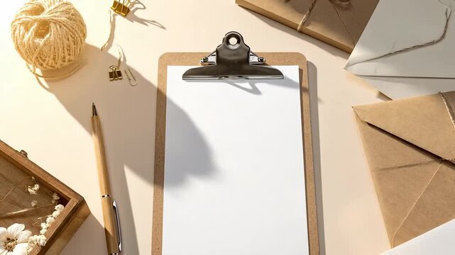 Top View of Workspace with Clipboard Envelope Pen and Decorative Elements