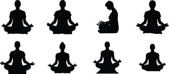 Seven black silhouettes of people practicing yoga in various seated positions