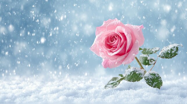 Pink rose flower resting on snowy ground with green leaves covered in snow and snowfall on blue background