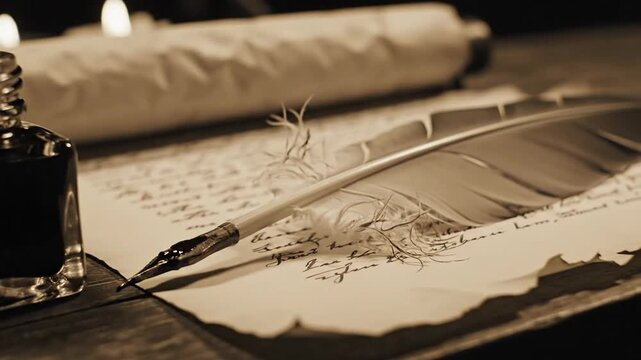 Antique Feather Quill Pen Rests on Parchment Beside Inkwell