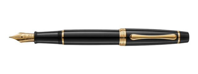 Black fountain pen with gold accents isolated on a transparent background