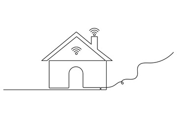 Smart house concept illustration with simple continuous black line design and wifi