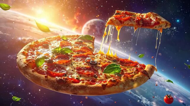Pizza Floating In Space With Tomato and Green Leaves Against a Colorful Galaxy Backdrop