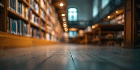 Fototapeta premium Quiet Study Hall with Sun Rays Falling on Wooden Bookcases Interior