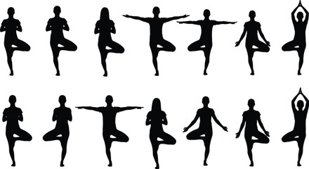 Yoga poses silhouette illustrations for fitness and wellness