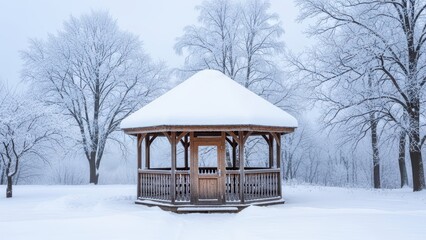 Snow-covered wooden gazebo in tranquil winter park with frosty trees