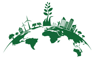 A green silhouette of the world globe features a sustainable city with renewable energy and growing plants