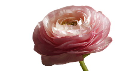 Pink ranunculus flower with green stem isolated on a transparent background