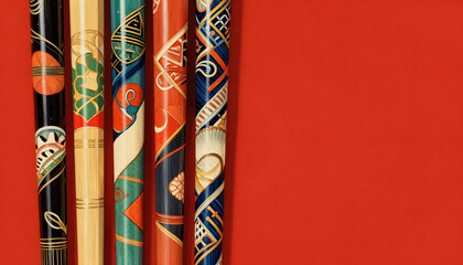 A neat row of decorative chopsticks with colorful floral patterns arranged side by side on a vibrant red background. National Chopsticks Day, February 6, photo,, studio, red, background, minimalist, 