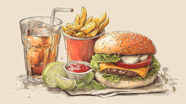 Delicious fast food meal with burger, fries, drink, and ketchup on a table setting