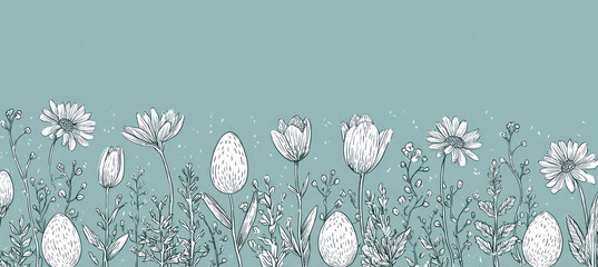 Easter egg flower pattern, floral seamless border, spring pastel background, minimal line art