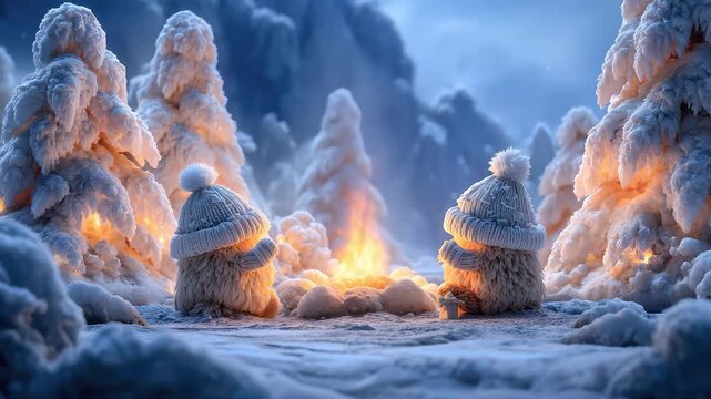 Christmas Night with Cute Gnomes by a Campfire in the Snow