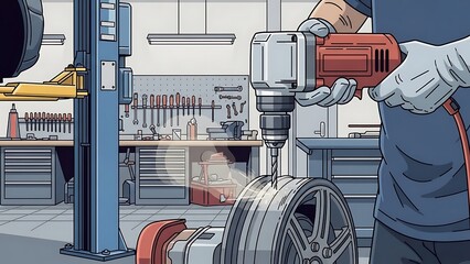 Mechanic using a drill on a car wheel in a workshop setting.
