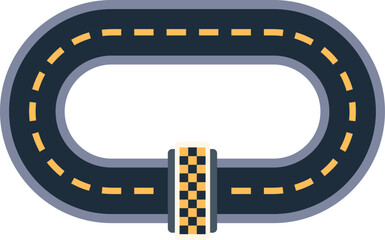 Top view icon of oval asphalt race track with yellow markings and checkered flag