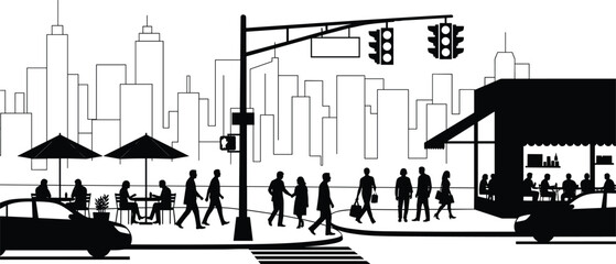 Urban street city silhouette with pedestrians traffic cafe crosswalk skyline modern lifestyle scene cad drawing flat vector illustration © Monira