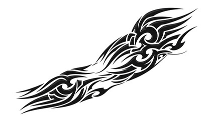 Black tribal tattoo design featuring intricate swirling patterns and sharp flame-like elements, suitable for an arm sleeve or body art.