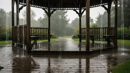 Tranquil rainy day in wooden gazebo surrounded by lush greenery in peaceful garden setting