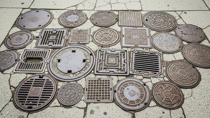 Diverse collection of unique manhole covers on weathered pavement surface