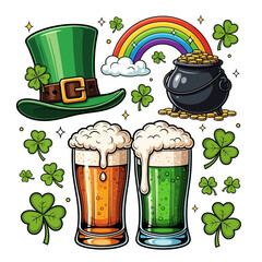 St Patrick&rsquo;s Day holiday background with a green shamrock leaf and a leprechaun hat featuring a gold coin pot and a beer mug glass vector illustration symbol of Irish luck in Ireland