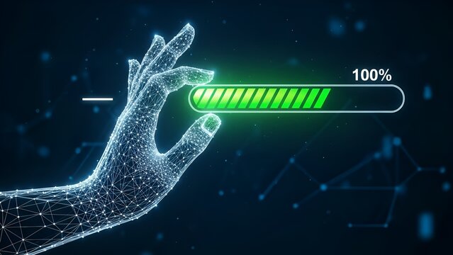 Futuristic digital hand with glowing green 100% progress bar symbolizing completion concept (80 characters)