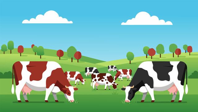 Vibrant vector illustration of dairy cows grazing peacefully in a lush green pasture under a clear blue sky, showcasing idyllic farm life