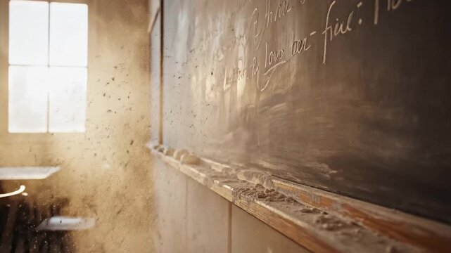 Chalk dust settles on an empty classroom chalkboard
