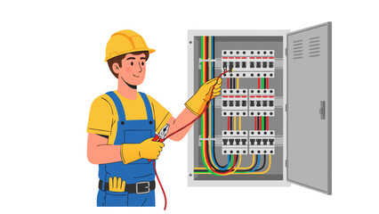 Skilled electrician in safety helmet and gloves meticulously works on an electrical distribution board, ensuring safe wiring and power system integrity