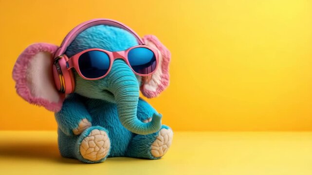 Cute blue plush elephant toy with pink sunglasses and headphones, sitting on a bright yellow backdrop and tapping along to the music. Fun and energetic character vibing to the beat